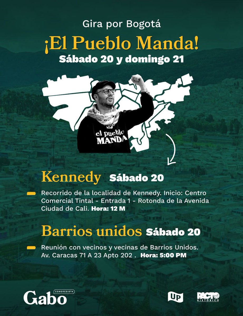 BecerraGabo's tweet photo. ¡Conoce nuestra agenda por #Bogotá para este fin de semana y súmate a nuestras actividades! 

SÁBADO: 
1. Recorrido en #Kennedy desde las 12:00pm en el centro comercial Tintal 
2. Reunión con vecinos y vecinas desde las 5:00pm en #BarriosUnidos