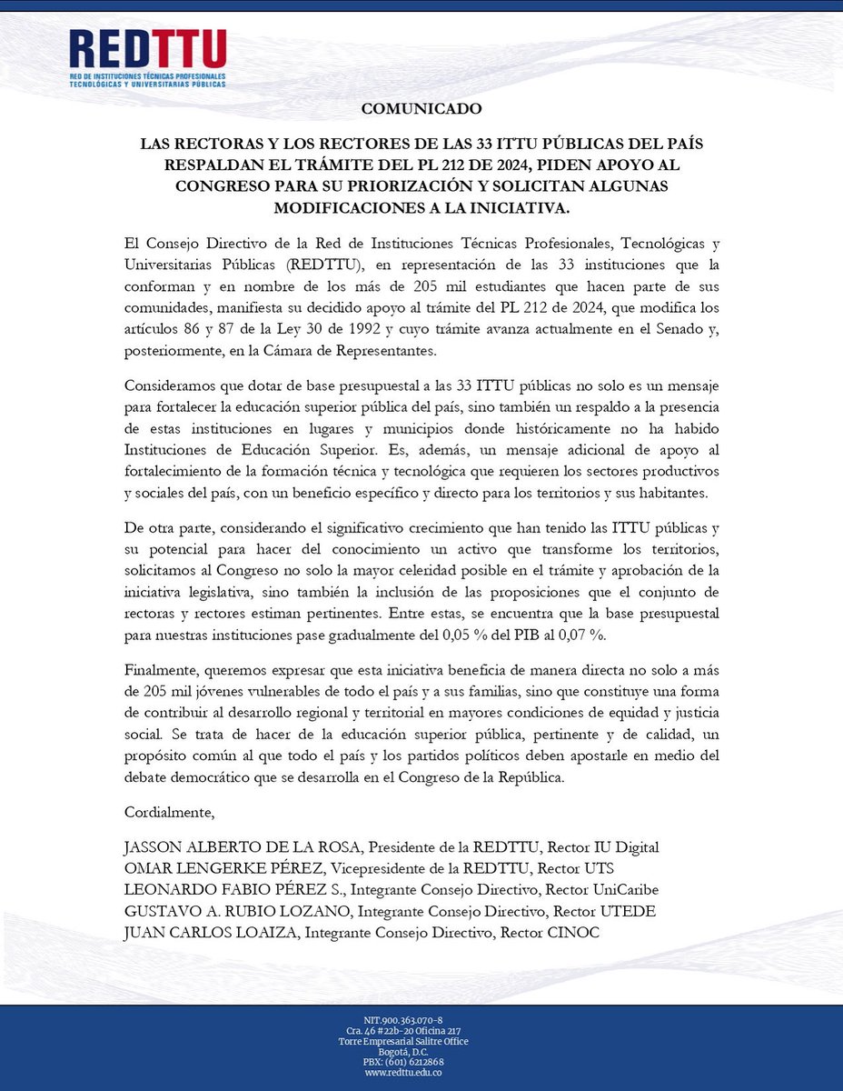 📢 Las 33 IES públicas técnicas, tecnológicas y universitarias respaldamos el #PL212de2024. Pedimos al Congreso priorizar su trámite y garantizar más recursos 💰 para una educación superior pública de calidad 🎓 en los territorios. #EducaciónEsFuturo