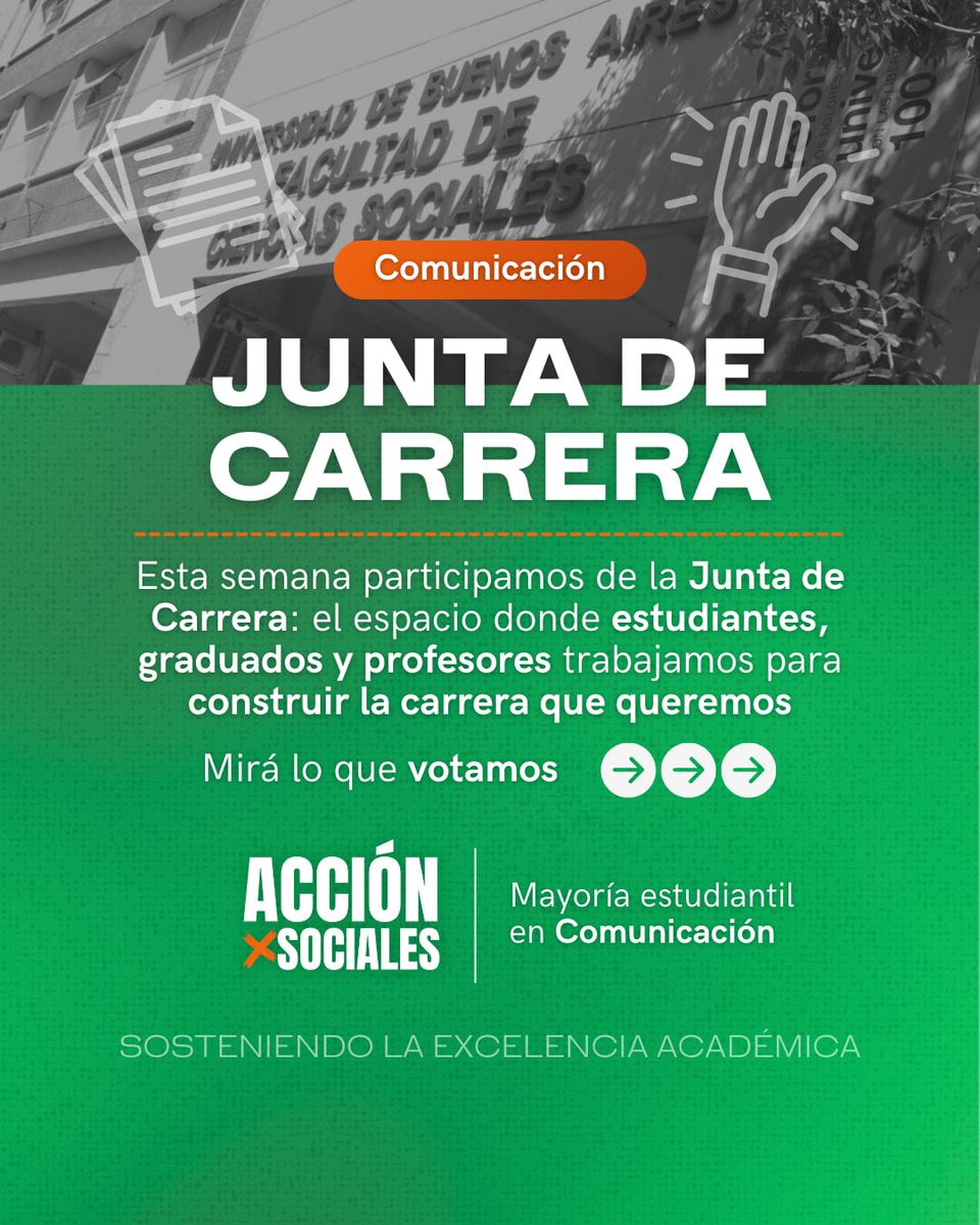 AccionxSociales's tweet photo. #Comunicación | ¡Participamos de la Junta de Carrera! 🗣️💚
Esta semana participamos de la Junta de Carrera de @comu.uba, el espacio donde estudiantes, graduados y profesores trabajamos para construir la carrera que queremos 👐
Mirá lo que votamos ➡️
#ComuUBA #CCOM #SocialesUBA https://t.co/ohNOlEbaqs