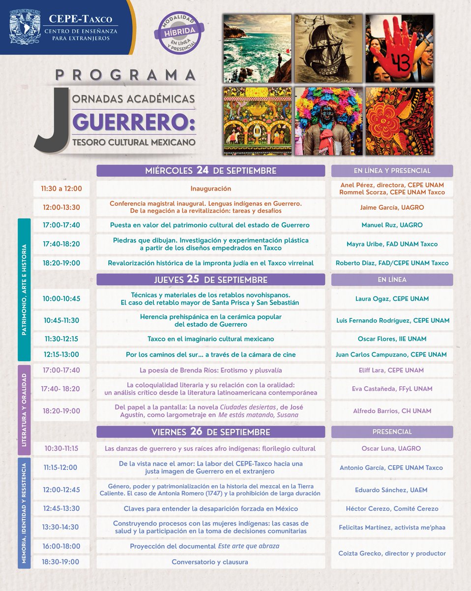 📚✨ Guerrero es memoria, arte y resistencia.
Acompáñanos en nuestras Jornadas Académicas
🗓️ 24-26 sept.
🏛️ Presencial: CEPE-Taxco
💻 En línea: Facebook y YouTube CEPE UNAM
🔗 Programa completo en imagen 👇
#JornadasAcadémicas #GuerreroTesoroCultural #CEPETaxco #UNAM
