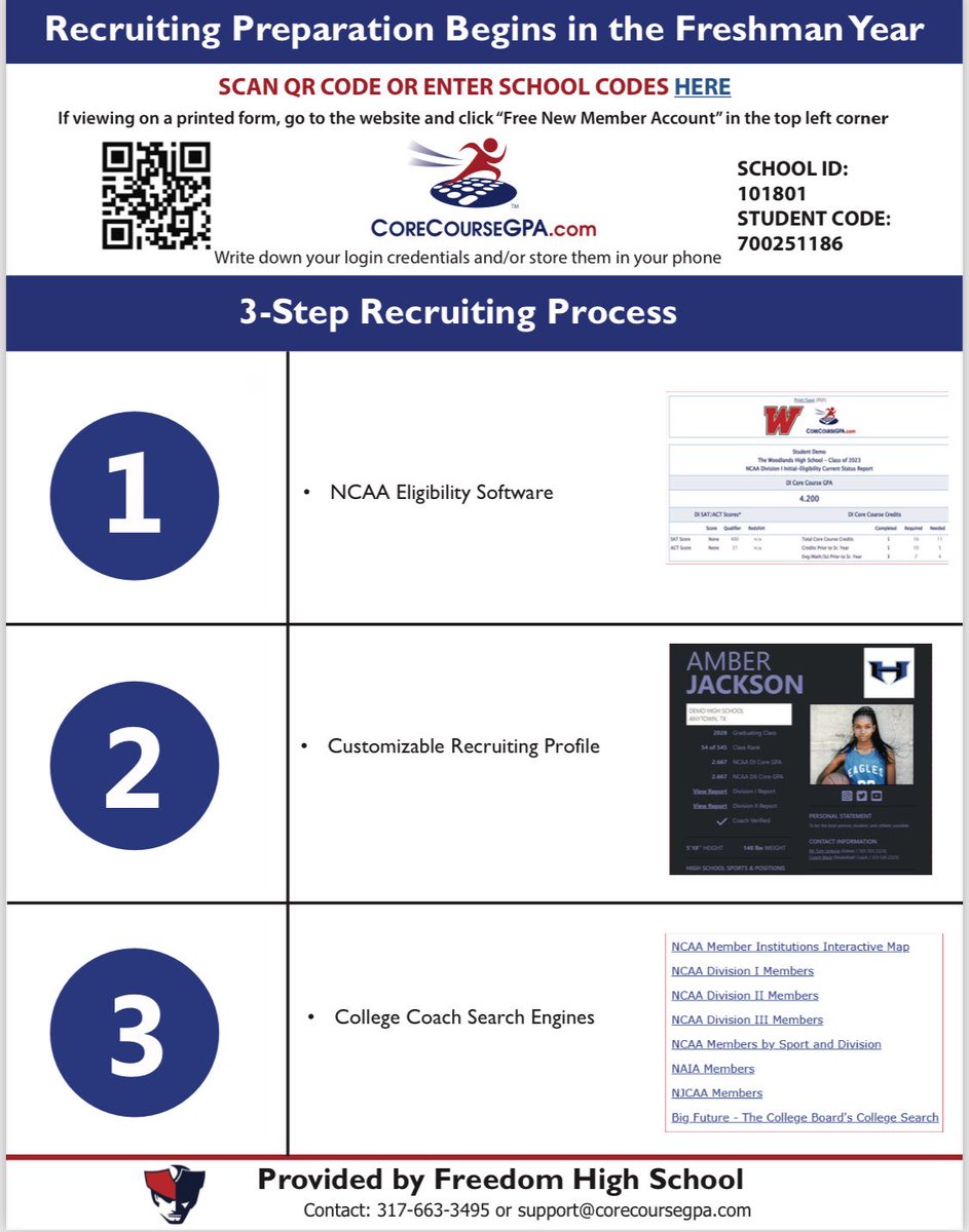 FHS ATHLETES DO YOU WANT TO COMPETE IN COLLEGE? Sign up for your free CoreCourseGPA account. This website will allow recruiters to visit FHS’ custom page on recruitourathletes.com/freedomhs and view each registered athlete’s profile. Register TODAY!