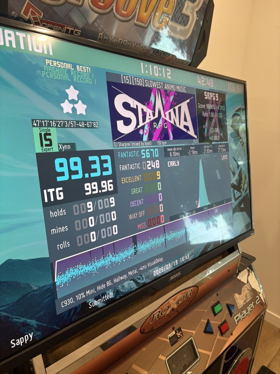 SappySapSap's tweet photo. Slowest Animu Music for my last song of the sesh. Up from like a 95.xx. 9E FEC! 
Saying “world record?!?” At the end of the vid with the immediate thought of “well, if Chance played this, then probably not!” I’ll take 2rd place, very proud of this score. https://t.co/ILJ1GRUnyq