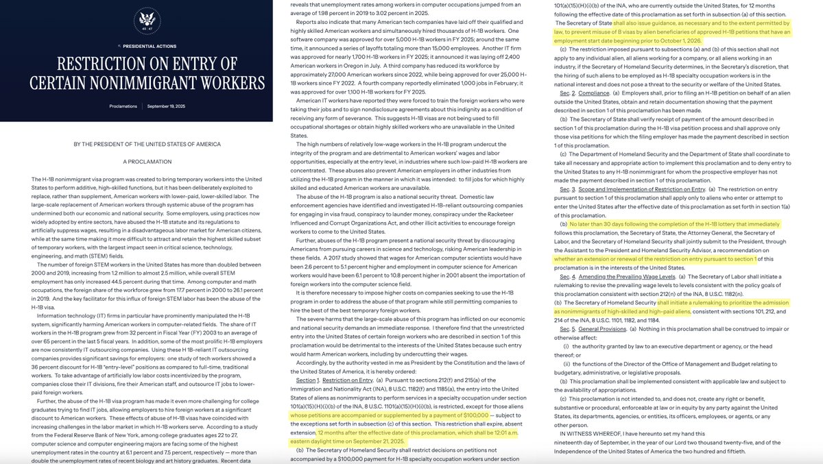 🚨 Here's what Trump's executive order on the $100,000 H-1B ACTUALLY says:
— It only applies to those entering the US 
— Effective Sep 21, 2025 and valid for 12 months
— Decision on renewal of the EO will happen 30 days after the H-1B lottery
— Says it's a one time payment. No