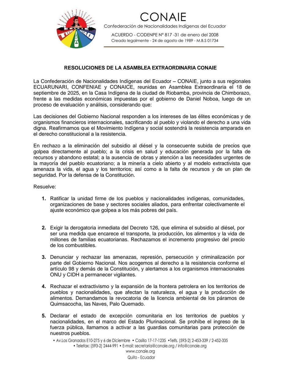 ecuarunari_ofic's tweet photo. ⭕#ATENCIÓN | Resoluciones de la Asamblea Extraordinaria de la @CONAIE_Ecuador junto con las regionales #Ecuarunari, #Confenaie y #Conaice del 18 de septiembre en Riobamba,donde definimos las acciones colectivas frente a la eliminación del subsidio al diésel y la crisis nacional. https://t.co/kISQNYgelN