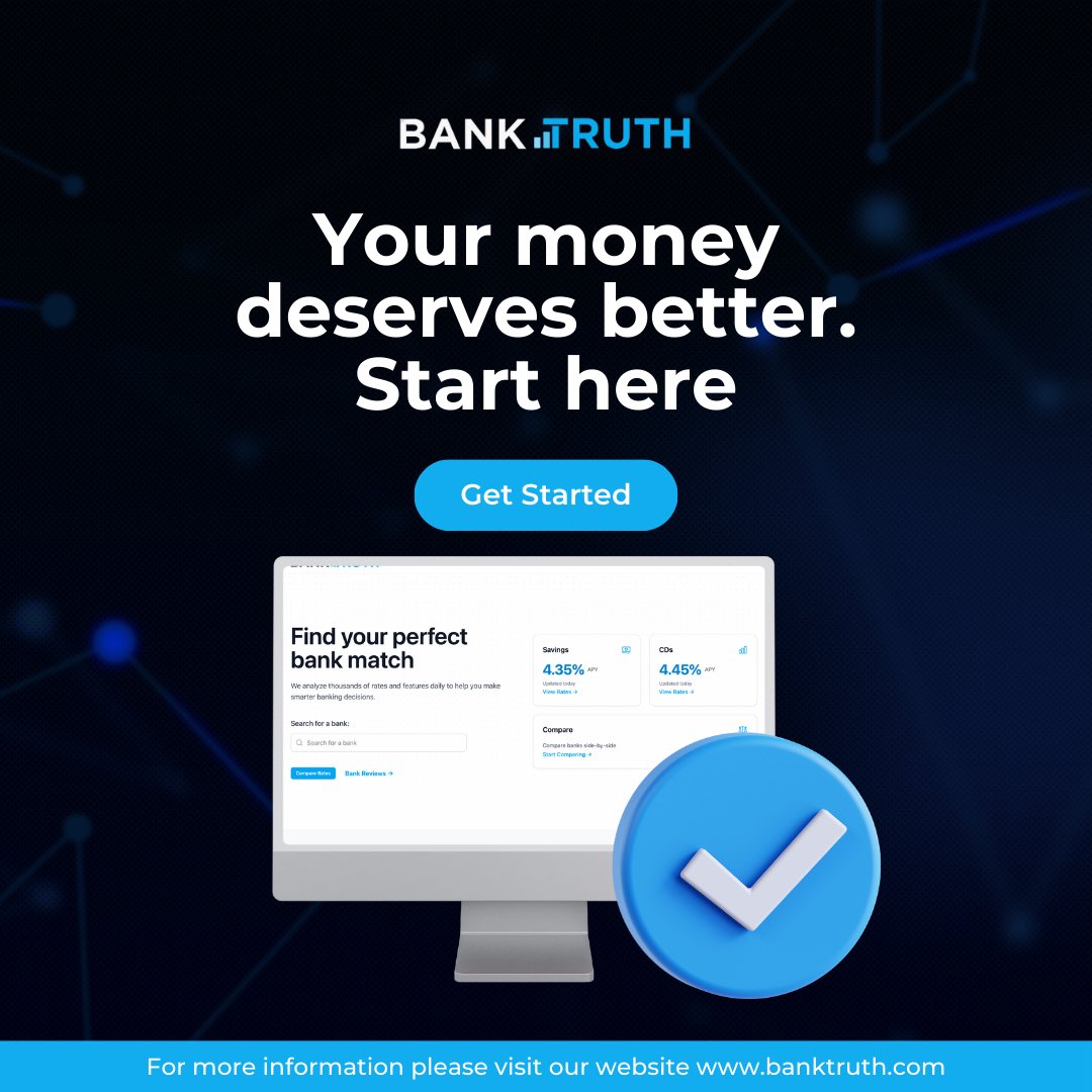 WoodLian92851's tweet image. Tired of your money just sitting there? 👀
Find the best banks, compare rates, and start growing your savings all in one place. BankTruth makes it easy.

#BankTruth #SmartSavings #MoneyTips #HYSA #InvestInYourFuture