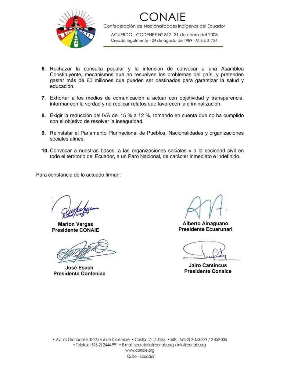 AinaguanoAlbert's tweet photo. ⭕#ATENCIÓN | Resoluciones de la Asamblea Extraordinaria de la @CONAIE_Ecuador junto con las regionales #Ecuarunari, #Confenaie y #Conaice del 18 de septiembre en Riobamba,donde definimos las acciones colectivas frente a la eliminación del subsidio al diésel y la crisis nacional. https://t.co/YpDPGFGGdO