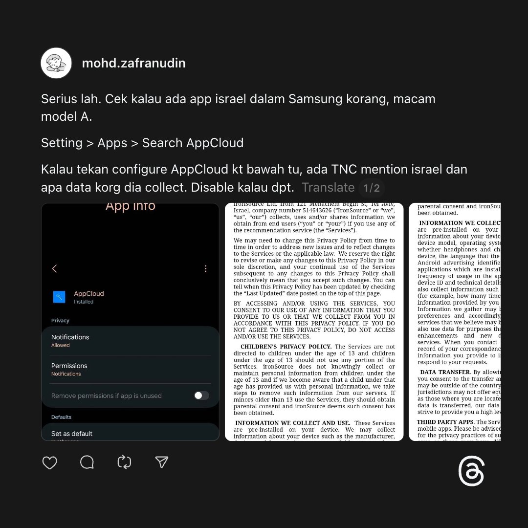 Aku share balik lebih detail lah, ramai pulak tanya and terkena app surveilance israel ni.

☢️ Kalau korg pakai Samsung Galaxy A/M model, akn ada app tracker ni dlm phone korg.

Ikut step gambar, dan disable terus dlm setting.

IP, gender, umur, apps kau pakai semua dia nk track