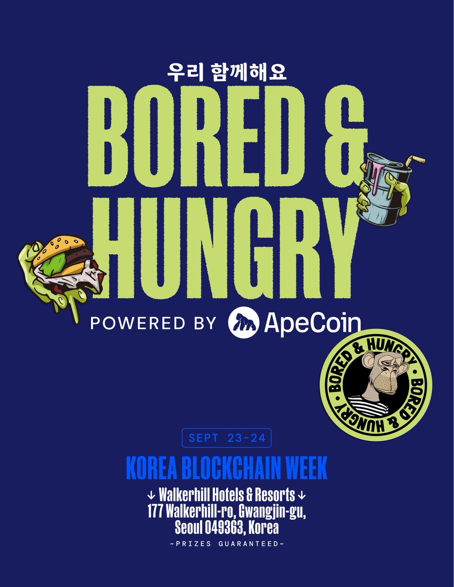 From ApeFest to F1 races and community-led events, we’ve been expanding our network across Asia for years.

Now Seoul’s getting a taste. We’re teaming up w/ @BoredNHungry for a KBW pop-up.

Play for prizes, eat burgers, and get your hands on our Seoul-exclusive apparel.