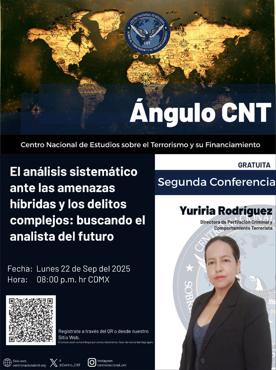 La Dra <a href="/yuririaunam/">Yuriria Rodríguez Castro</a> ofrecerá esta conferencia gratuita con el <a href="/Centro_CNT/">Centro Nacional CNT</a>. Sólo hay que registrarse para poder participar. La Dra.Yuriria es una de las voces más escuchadas en temas de seguridad y combate al terrorismo en México.