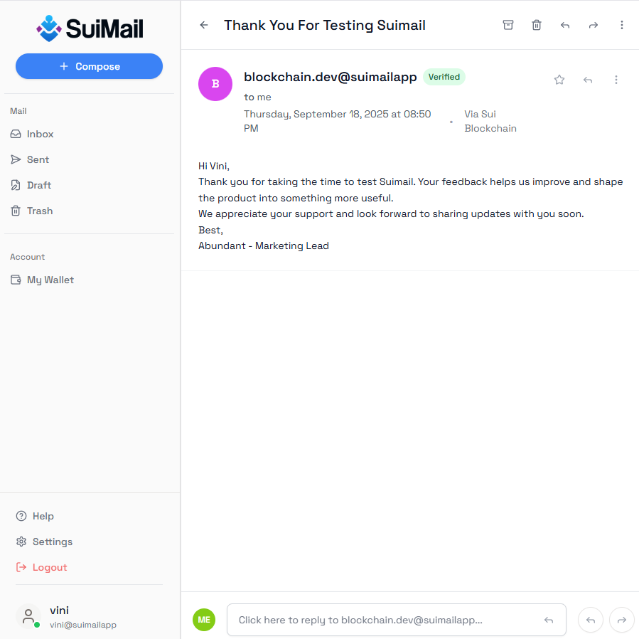 Just tried out <a href="/SUIMAIL_/">SUIMAIL</a> and got my own address: vini@suimailapp (feel free to say hi 👀)

It’s early, but damn… 

*the date shows yesterday because I forgot to share it lol