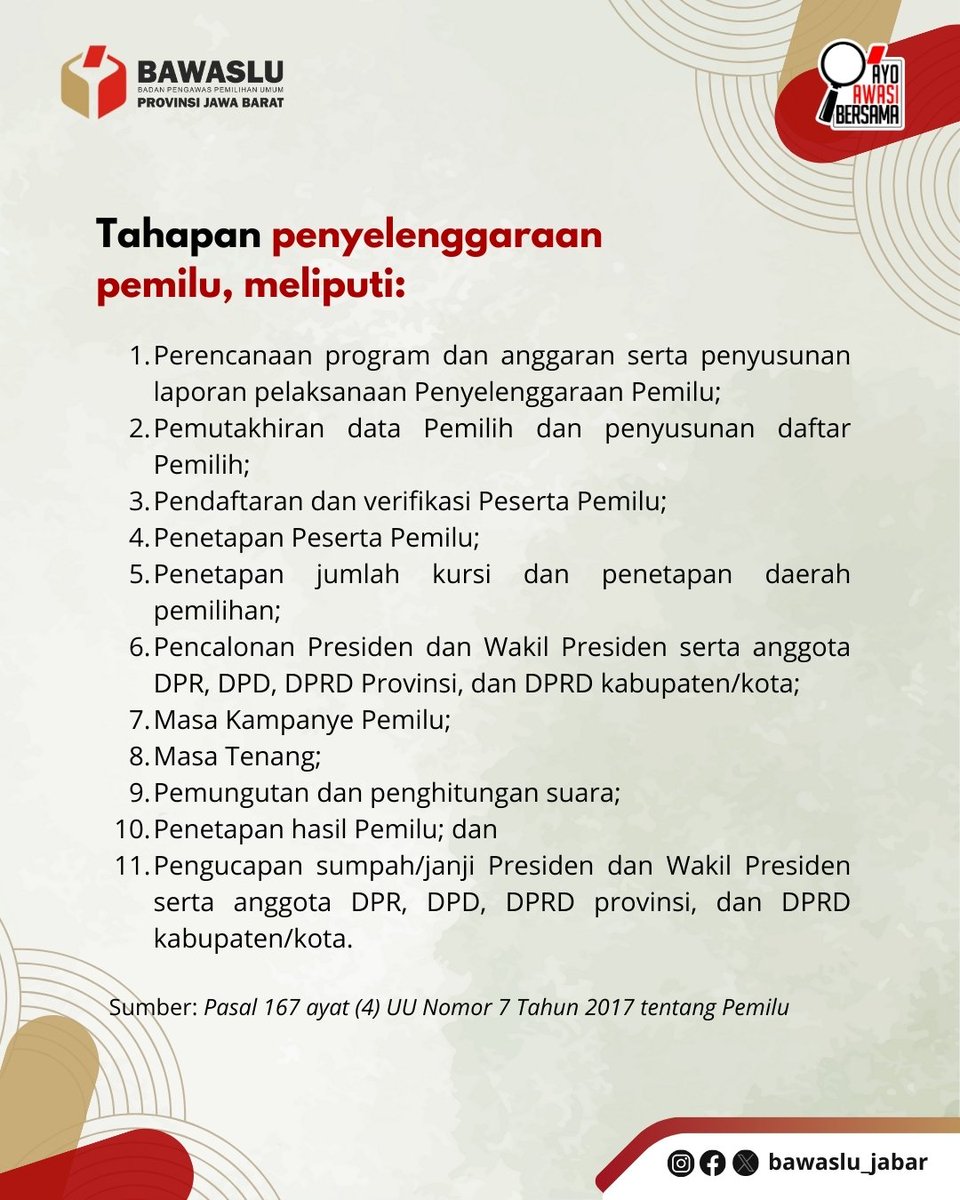 #sahabatbawaslu tahapan pemilu punya alur yang terstruktur dari awal sampai akhir.

Geser slide untuk tahu urutannya secara singkat, biar makin paham proses demokrasi kita!

#BawasluJabar 
#TahapanPemilu