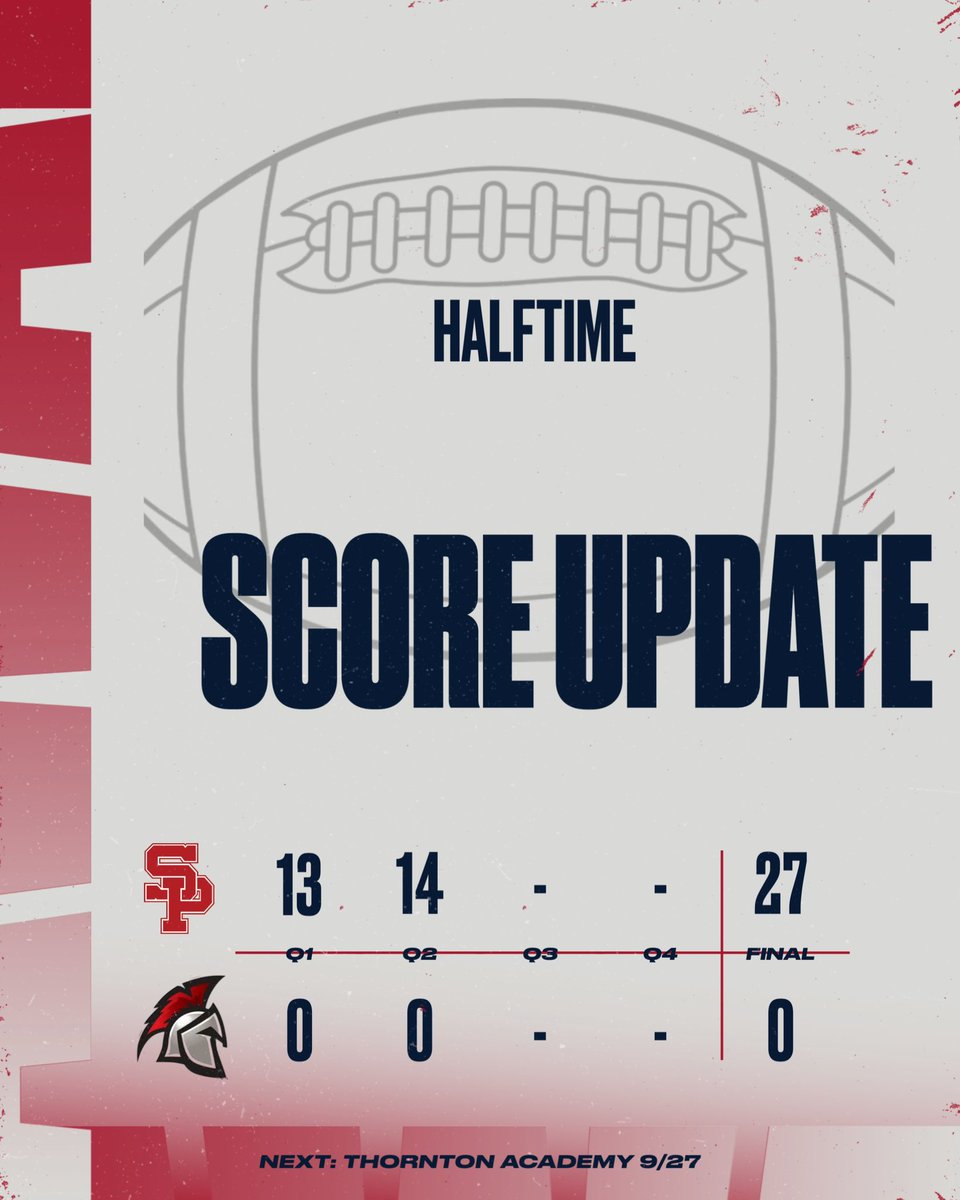 Football - halftime from Martin Field.
 
2nd quarter scoring;
7:03, Grant 1yd TD run. Beausang PAT good

:57, Reny 18yd TD pass to Johnson. Beausang PAT good