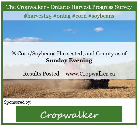 We’re back!!! - Cropwalker Harvest Progress Survey – One wagon two wagons, three wagons, four. Please post percentage of corn and soybean harvested and county below.

Harvest maps posted mid week.

RT’s appreciated.