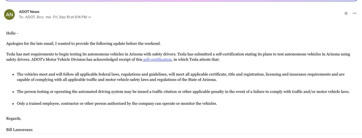 BREAKING: Tesla has officially received approval from the Arizona Department of Transportation to start testing autonomous vehicles on public roads.

Today, I confirmed directly with the Arizona DOT that <a href="/Tesla/">Tesla</a> has met requirements to begin testing its autonomous vehicles in