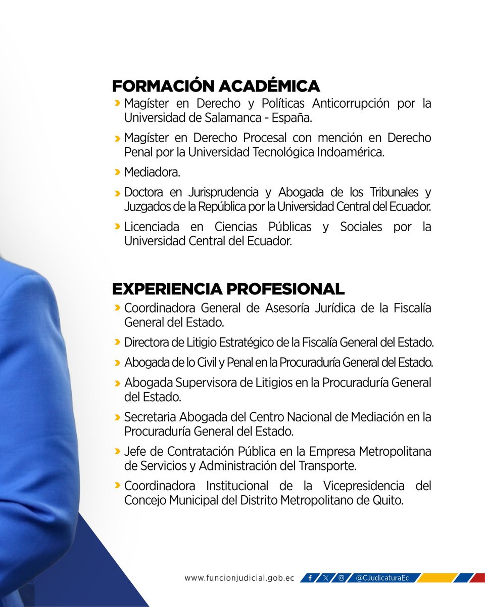 CJudicaturaEc's tweet photo. 🏛️ | #VocalCJ

En la Sesión Extraordinaria N.º 030, el Pleno del @CpccsEc designó a Magaly Ruíz Cajas como vocal del @CJudicaturaEc.

✅ Su nombramiento se realizó a partir de la terna remitida por la @FiscaliaEcuador.

📄 Conoce más sobre su trayectoria profesional aquí ⤵️

#JusticiaResponsable ⚖️