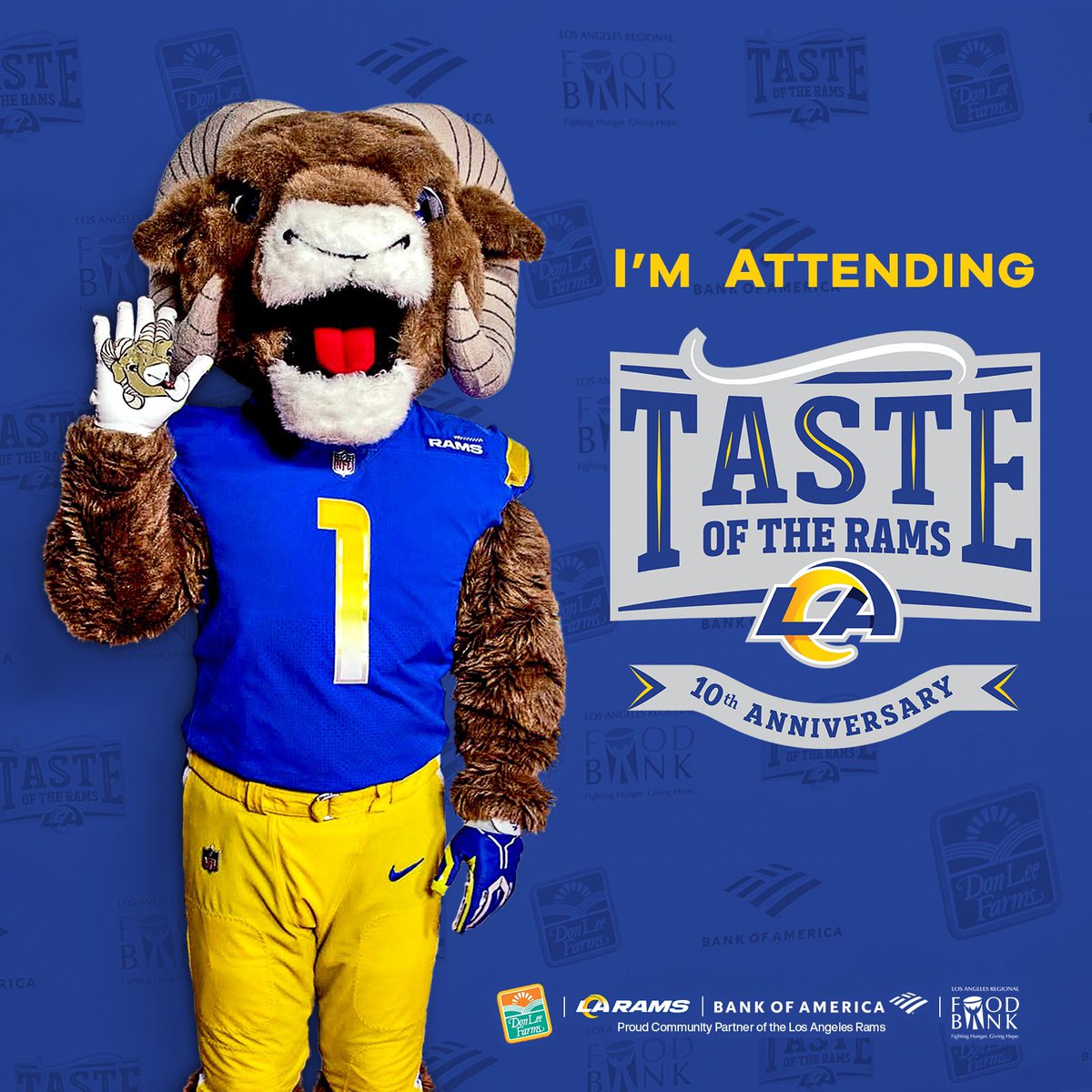 Join me at the 10th Annual #TasteoftheRams2025 on November 3rd at SoFi Stadium for an unforgettable culinary experience with top LA chefs, Rams players, cheerleaders, and Rampage! Proceeds support <a href="/LAFoodBank/">LA Regional Food Bank</a>'s vital work. Get your tickets now: lafoodbank.org/events/taste-o… #WeFeedLA