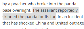 sigmajunky's tweet photo. He Hua, a famous panda from one of China's research bases just got killed and skinned for its fur by poachers  

They broke into the facility and killed the panda and people are outraged  

This should send to millions
https://t.co/kJKU9GoB6C https://t.co/rUGUQA48L0