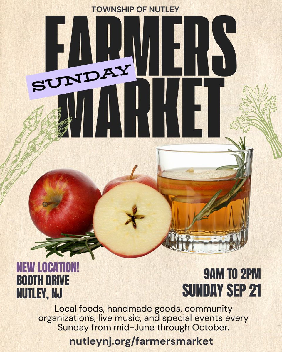 🍎 Sep 21 Apple Bake-Off (forms.office.com/g/8r11VaaF00) + Meet &amp; Greet/Book Signing with Produce Pete!
🌱 Rutgers Master Gardeners of Essex 
🍅 <a href="/JerseyFreshNJDA/">Jersey Fresh</a> produce, food, beverages, flowers, more!
💛 Donations for <a href="/nfsb_nutley/">Nutley Family Service Bureau</a> Food Pantry
💚 #NutleyFarmersMarket