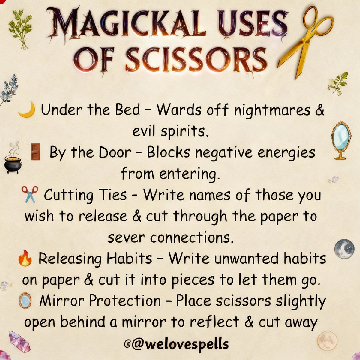 Spells and Psychics - Love Spell Caster (@spellsandpsychi) on Twitter photo Did you know scissors are powerful in witchcraft? โ๏ธ
๐ฎ Under the bed: ward off nightmares
๐ช Behind mirrors: reflect negativity
๐ช By doors: block harmful energy
Discover more ๐ spellsandpsychics.com Did you know scissors are powerful in witchcraft? โ๏ธ
๐ฎ Under the bed: ward off nightmares
๐ช Behind mirrors: reflect negativity
๐ช By doors: block harmful energy
Discover more ๐ spellsandpsychics.com