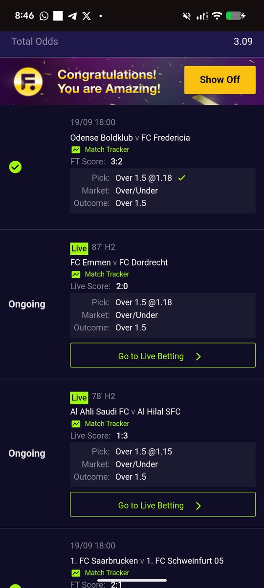 "Congratulations, you are amazing"

3 odds Rollover Day 2 BOOOOOMMMMMMMM✅✅✅✅✅✅✅✅✅✅✅✅✅

Day 1✅
Day 2✅✅
Day 3 🤞🏽

3 Odds won 6 days in a row🫡

Small odds god👑

50 likes❤️ and I'll drop Day 3🤞🏽