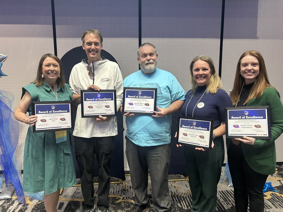 🌟 Honoring Excellence 🌟
Congratulations to this year’s NSAA recipients of the NFHS National Sportsmanship, Ethics &amp; Integrity Award of Excellence!

(Left to right)
👏 Becky Stahr – York
👏 Aaron Leibel – Fairbury
👏 Dash Rohan – Sioux County
👏 Sheelagh Lucas – Maxwell
👏