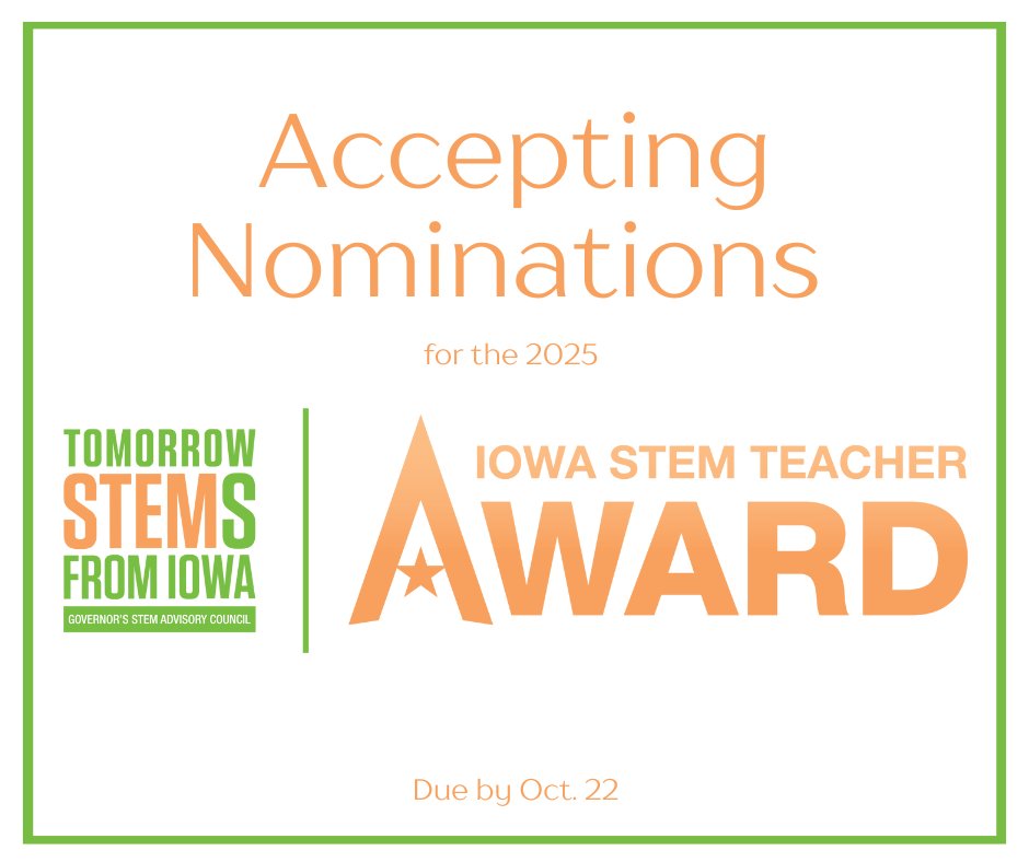 ⏳ There's only 1⃣ month left to nominate a deserving STEM teacher for the 2026 Iowa STEM Teacher Award! Make sure they know how impactful they are by putting their name in the running for this prestigious award!

Nominations open through Oct. 22 ➡️ tinyurl.com/26STEMteachera…