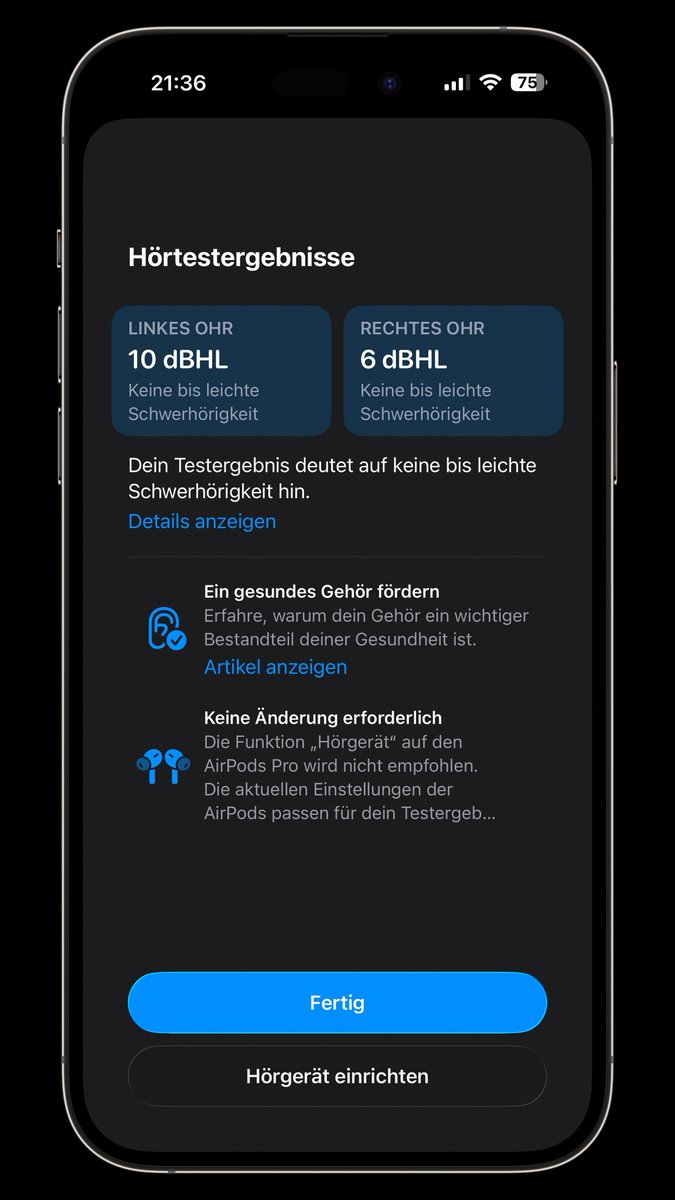 Vorhin mal die neuen AirPods Pro 3 ausprobiert 🎶🎼🎧
Echt klasse Sound wie ich finde. Lohnenswert 👍🏼

Gibt es nen Mediziner hier nebenbei? Hab mal nen Hörtest gemacht. Als Laie würde ich ja sagen alles Bestens 🤪