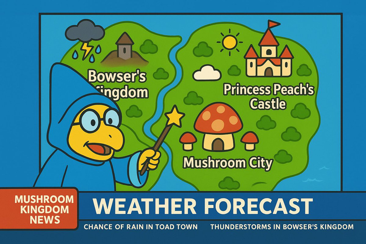 MushKingdomNews's tweet photo. #Mushroom #Kingdom forecast for this weekend! Those on the east side of the Rafters River are in for beautiful weather, while Bowser’s Kingdom is expecting thunderstorms. MORE from Magikoopa at 6.

#MKN #Weather #Forecast #RaftersRiver https://t.co/3F881CAQV1