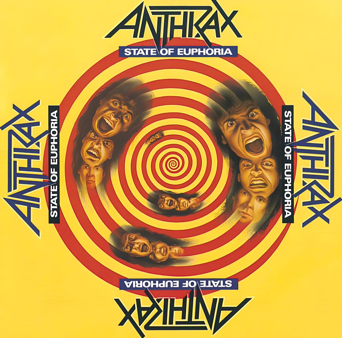 ThisDayInMETAL's tweet photo. Sept 19th 1988 𝐀𝐧𝐭𝐡𝐫𝐚𝐱 released the album "State Of Euphoria"#MakeMeLaugh #Antisocial #BeAllEndAll #ThrashMetal
 
𝐃𝐢𝐝 𝐲𝐨𝐮 𝐤𝐧𝐨𝐰..
The back cover contains a parody picture of the band drawn by Mort Drucker, a caricaturist best known for his artwork in magazine Mad. https://t.co/j0svZPT2GT