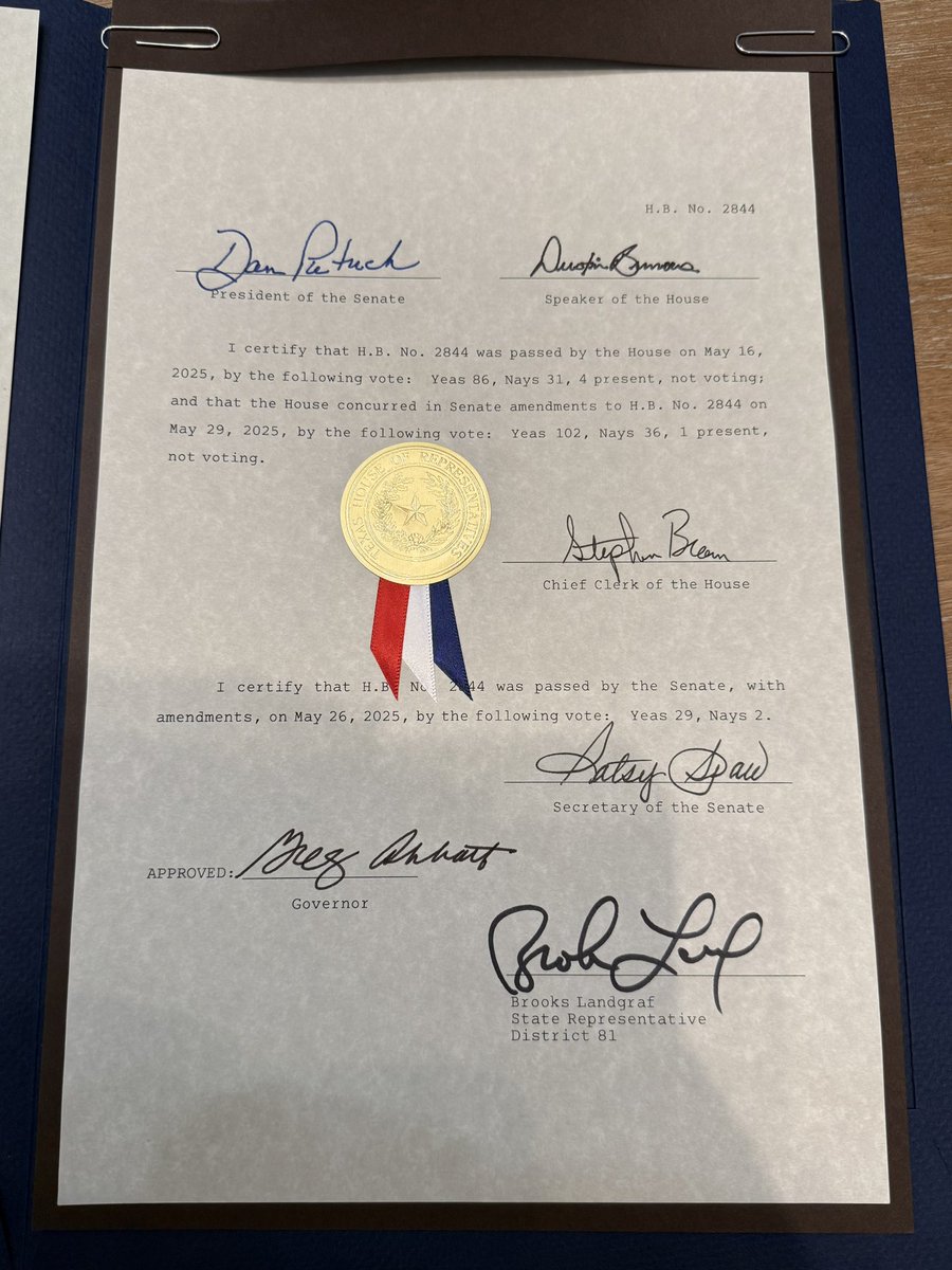 It’s another great day in #txlege world. The wonderful folks in Rep. <a href="/BrooksLandgraf/">Rep. Brooks Landgraf</a>’s office were kind enough to provide me with a parchment copy of HB2844, their Food Truck Freedom bill that <a href="/IJ/">Institute for Justice</a> was so pleased to support. This is going straight in a frame on my wall!