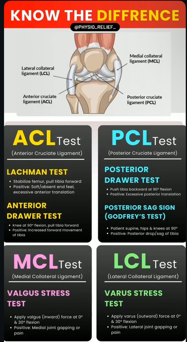 PT_Raniia's tweet photo. Knee Ligaments Special Tests https://t.co/9JTgIsgSFl