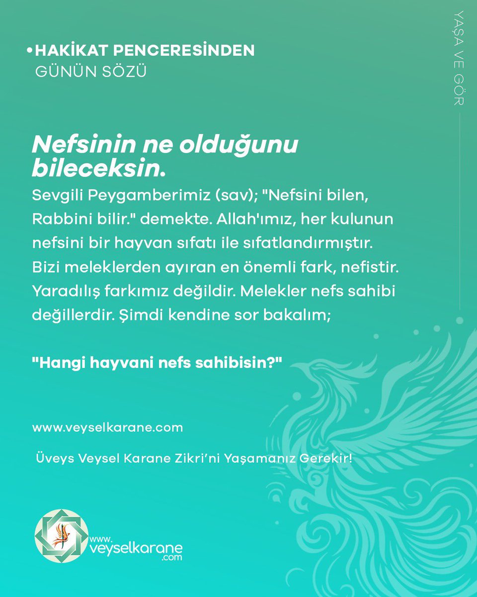 veyselkarane's tweet photo. Hangi hayvani nefs sahibisin? Ancak tahmin edersin. Tahminin ne kadar doğrudur? Bilemezsin. İşte bu sorunun doğru cevabını yalnızca be yalnızca Tevhit zikrinde bulursun… 

@veyselkarane https://t.co/a7KB8mLgim