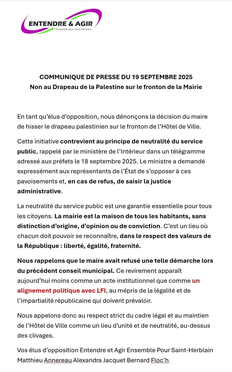 La mairie doit rester neutre, au service de tous. Bertrand Affilé se déjuge : hier le drapeau de la paix, aujourd’hui le drapeau palestinien… alors que les tractations avec l’autre gauche s’intensifient. Institutionnel ou électoraliste ?
A vous de juger ...
<a href="/Interieur_Gouv/">Ministère de l'Intérieur</a>