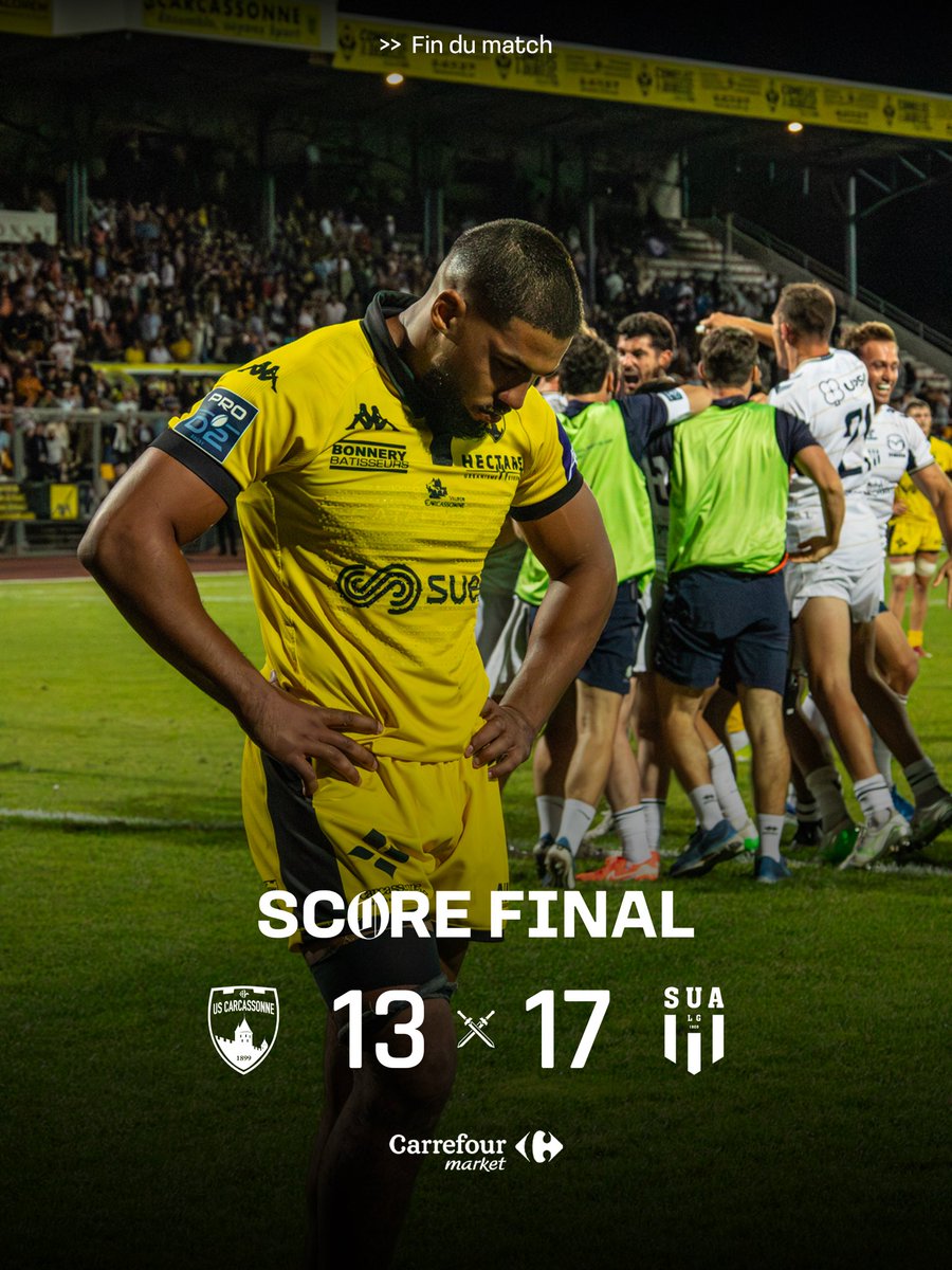 us_carcassonne's tweet photo. Jusque dans les derniers instants, les Jaune&amp;Noir ont poussé pour inverser le score, mais ils s’inclinent.

#USCSUA #DéfendreNotreCité ⚔️ https://t.co/SqG3o9mVUl