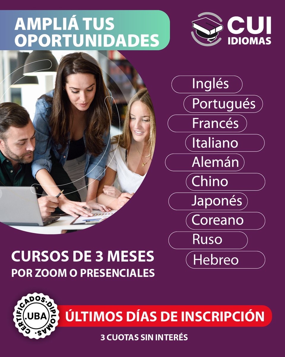 📌¡AÚN PODÉS INSCRIBIRTE!

Cursos grupales de 3 meses Por Zoom o presencial

📚Inglés, francés, italiano, portugués, alemán, chino, japonés, coreano, ruso y hebreo.

Inicio→ Desde el 29/9

🎓Certificados y Diplomas UBA 
✅No se abona matrícula

🌐+ info cui.edu.ar