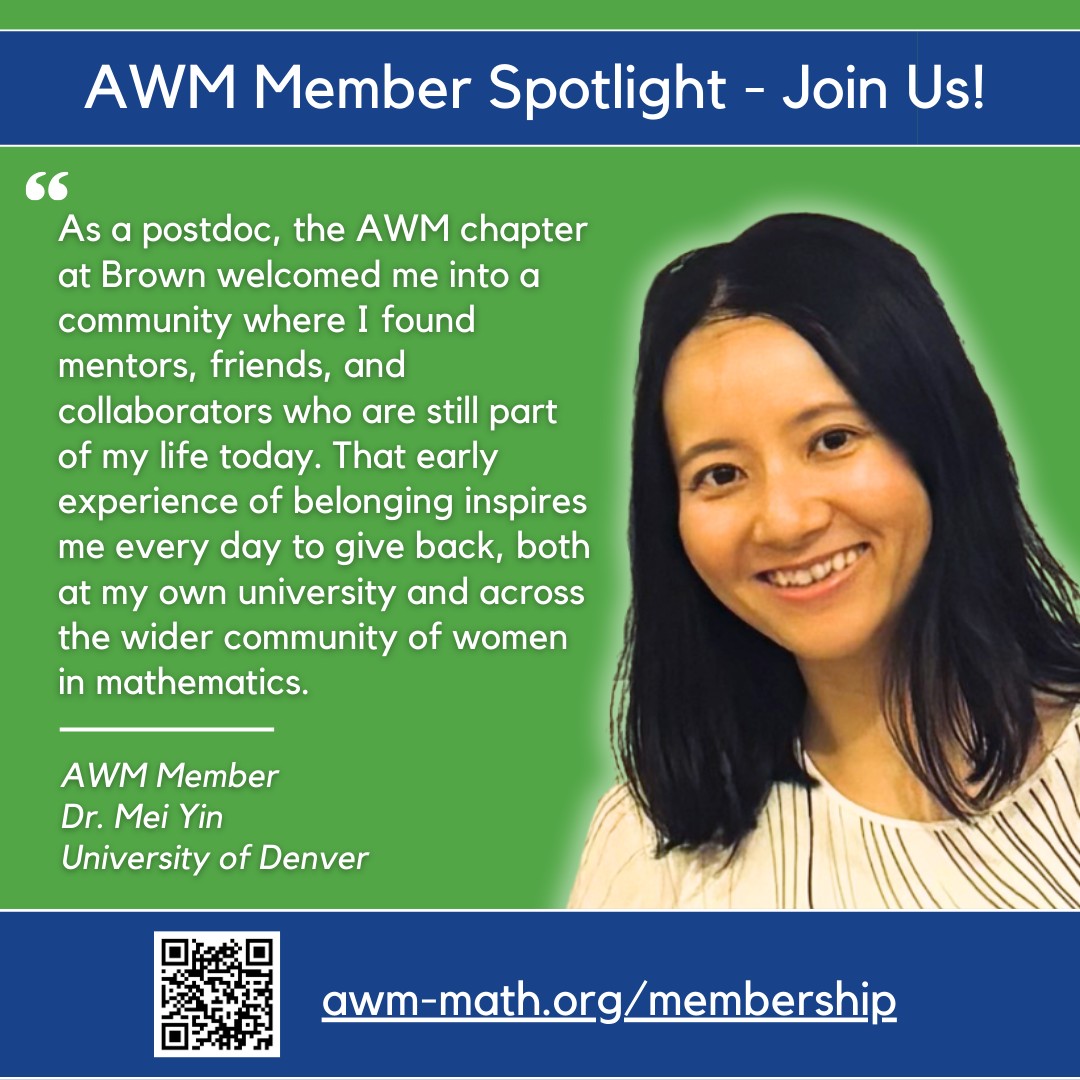 AWMmath's tweet image. Today we&apos;re proud to highlight the experience of one of our members, Dr. Mei Yin. 

Please join AWM — or renew your membership — today so that we can continue to offer programs that advance the careers of women like Dr. Yin.

Join or renew by Sep 30:
🔗 awm-math.org/membership