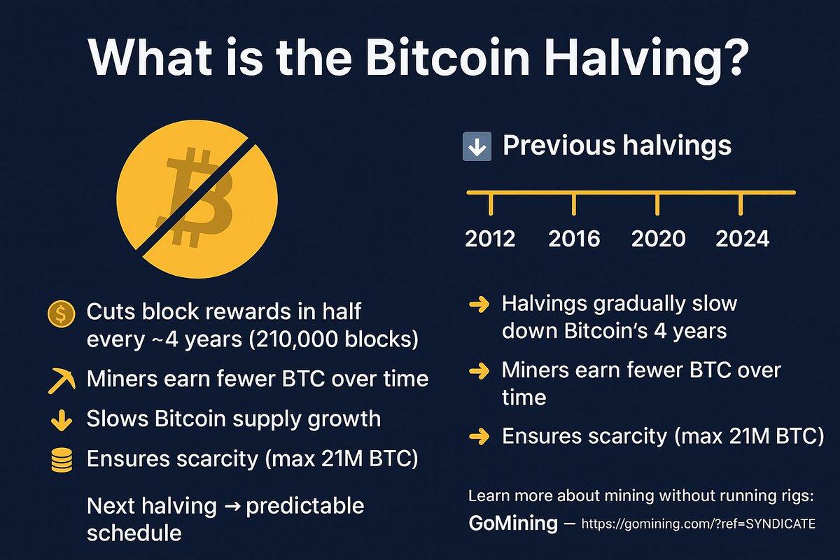 Syndicate_Mine's tweet image. What is the Bitcoin halving? 🧵
It’s one of the most important events in Bitcoin’s design. Let’s break it down. #Bitcoin #Halving
