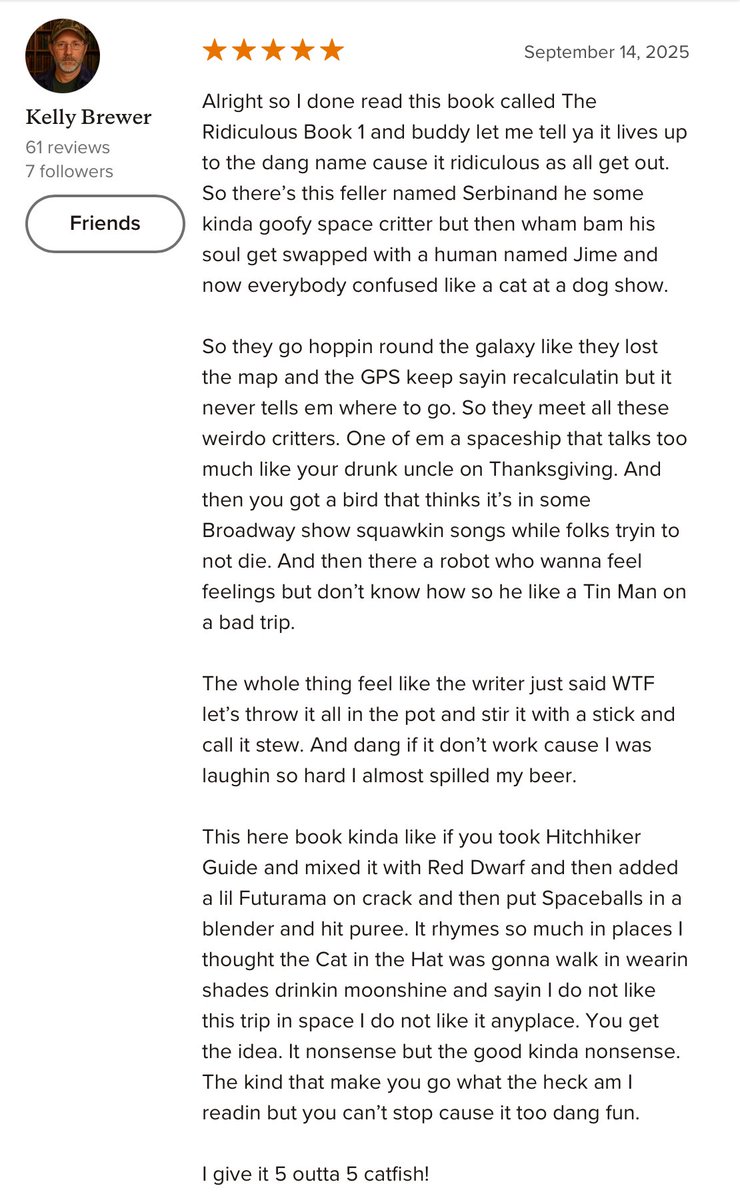 Got this fun, wacky review for our book lol 😝