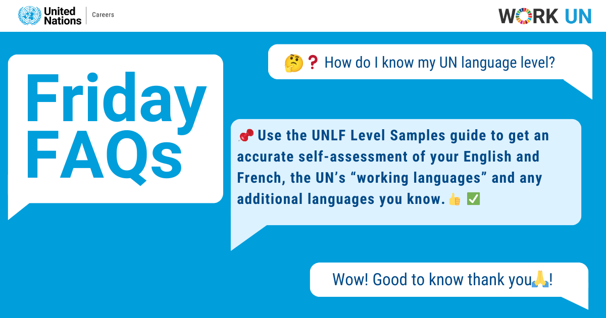 UN_Careers's tweet photo. π€ How do you know your UN language level?
β
Use the UN Language Framework (UNLF) Level Samples to self-assess your English, French & other languages ππ
Multilingualism = fairness, inclusion & opportunity. β¨
π https://t.co/hDU9TQoQpZ
#UNCareers #FridayFAQs #Work4UN https://t.co/zXoMT8uhj9