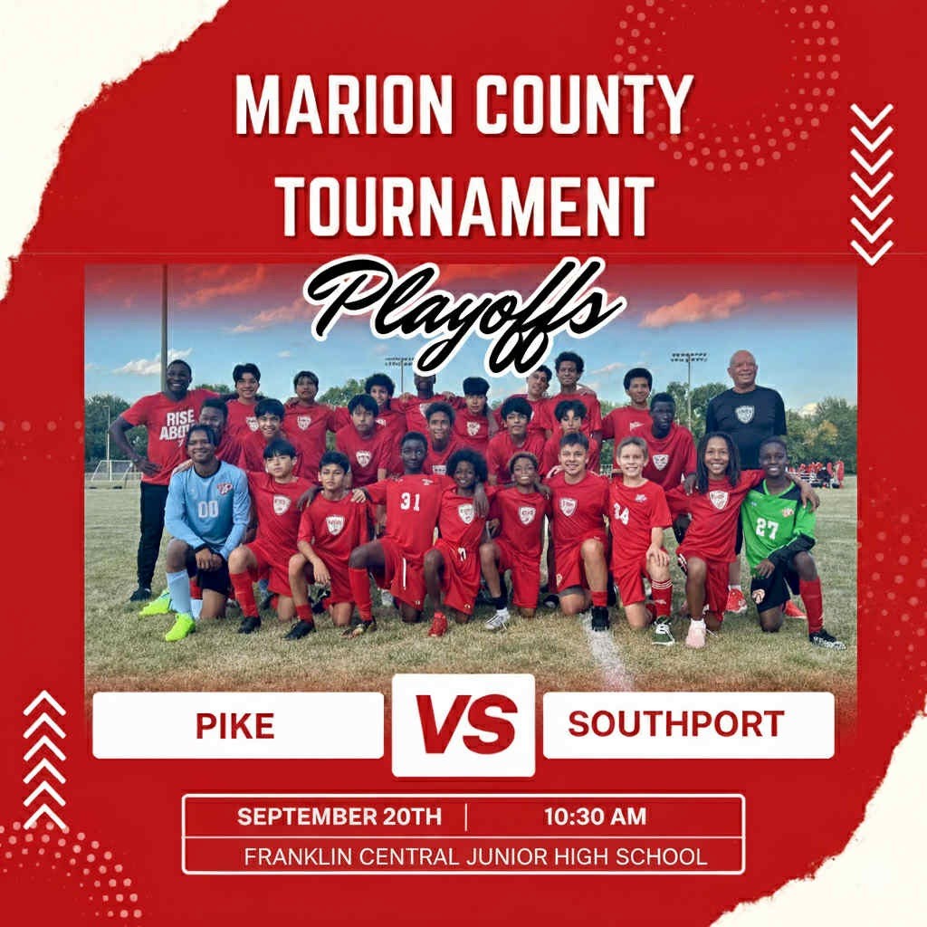 Good luck to the boys and girls <a href="/PikeSchools/">Pike Twnshp Schools</a> middle school soccer teams as they compete in the Marion County semi-finals on Saturday, September 20th! 
#Pikeproud #Pikefamily <a href="/MSDPike_WSoccer/">Pike High School Womens soccer</a> <a href="/PikeHSAthletics/">Pike Red Devils</a> 
Graphic courtesy of Allison Lowery