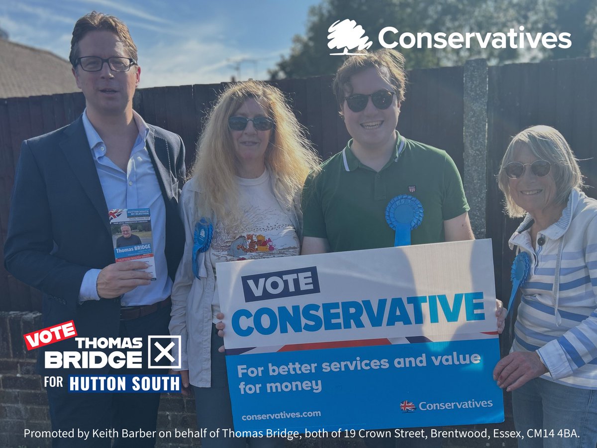BwdOngarTories's tweet photo. Lots of great conversations with residents who will be voting Conservative for better services and value for money on Thursday, 2 October 2025.  If you live in Hutton South, make sure to 🗳️ for Thomas Bridge, your Conservative candidate. #huttonsouth #thomasbridge #ByElection https://t.co/QltzN8NRPC
