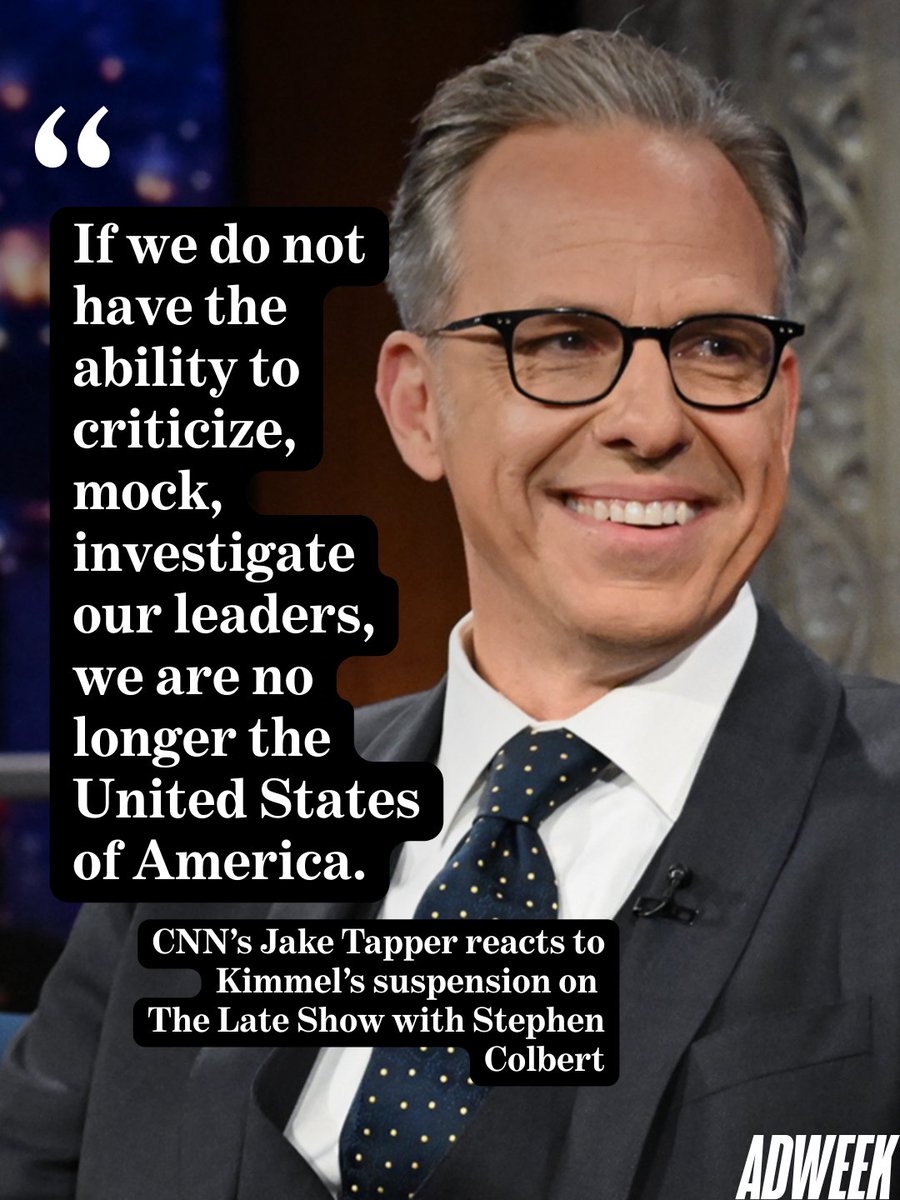 Adweek's tweet photo. .@CNN's @jaketapper, appearing on @colbertlateshow a day after ABC indefinitely suspended @jimmykimmel, called the suspension a "direct violation" of the First Amendment.Tapper was on Thursday's show promoting his upcoming book.

Tapper posted a video earlier today addressing Kimmel's suspension and noting that @Disney CEO Bob Iger faces a "legacy-defining decision" as the company seeks Justice Department approval for its Fubo acquisition. https://t.co/wiZpxwixLG