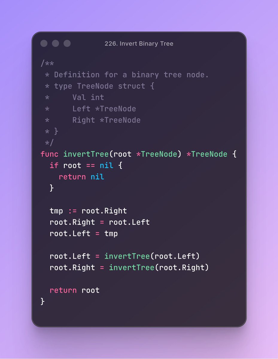 raphael_tannous's tweet image. Today's binary tree problem was relatively simple! I solved 226. Invert Binary Tree using Go. #BinaryTree
#100DaysOfLeetCode – #Day19
#LeetCode #CodingChallenge #Go #ProblemSolving #FAANGPrep