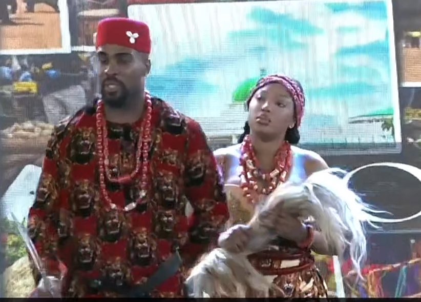 Nuleverage's tweet photo. Bright Morgan and Mide look like an Igbo couple who is ready to say 'I do' in their fits. Love it 🥰 
#BBNaija #Savewithsense #kolade https://t.co/mYDPbMpjvp