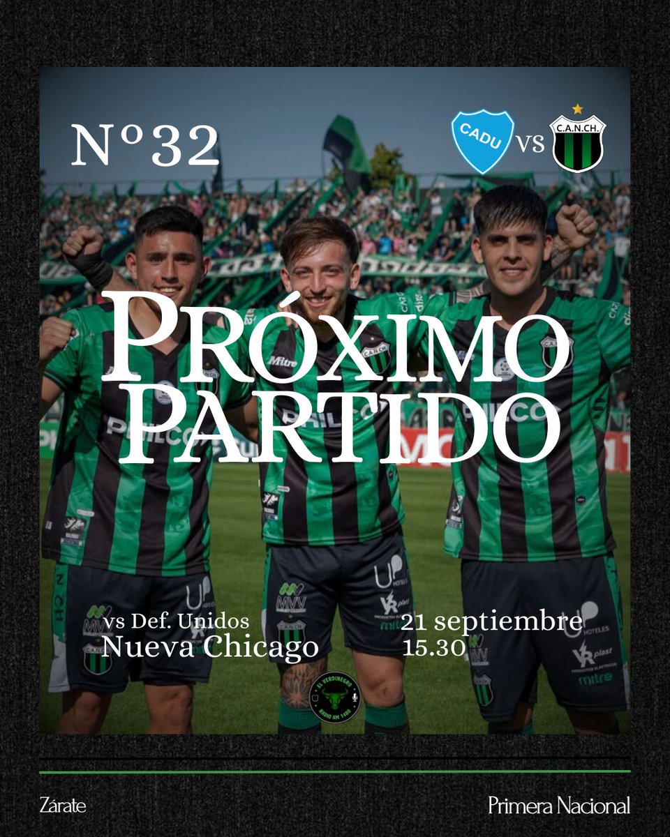 PRÓXIMO COMPROMISO 💚🖤

Defensores Unidos - NUEVA CHICAGO 

🏆 Torneo Primera Nacional “Sur Finanzas” 2025

⚽️ Fecha 32 - Zona B
📅 Domingo 21 de septiembre
🕝 15.30
🏟️ Estadio Mario Losinno
⚖️ Lucas Comesaña
📺 TyC Sports Play