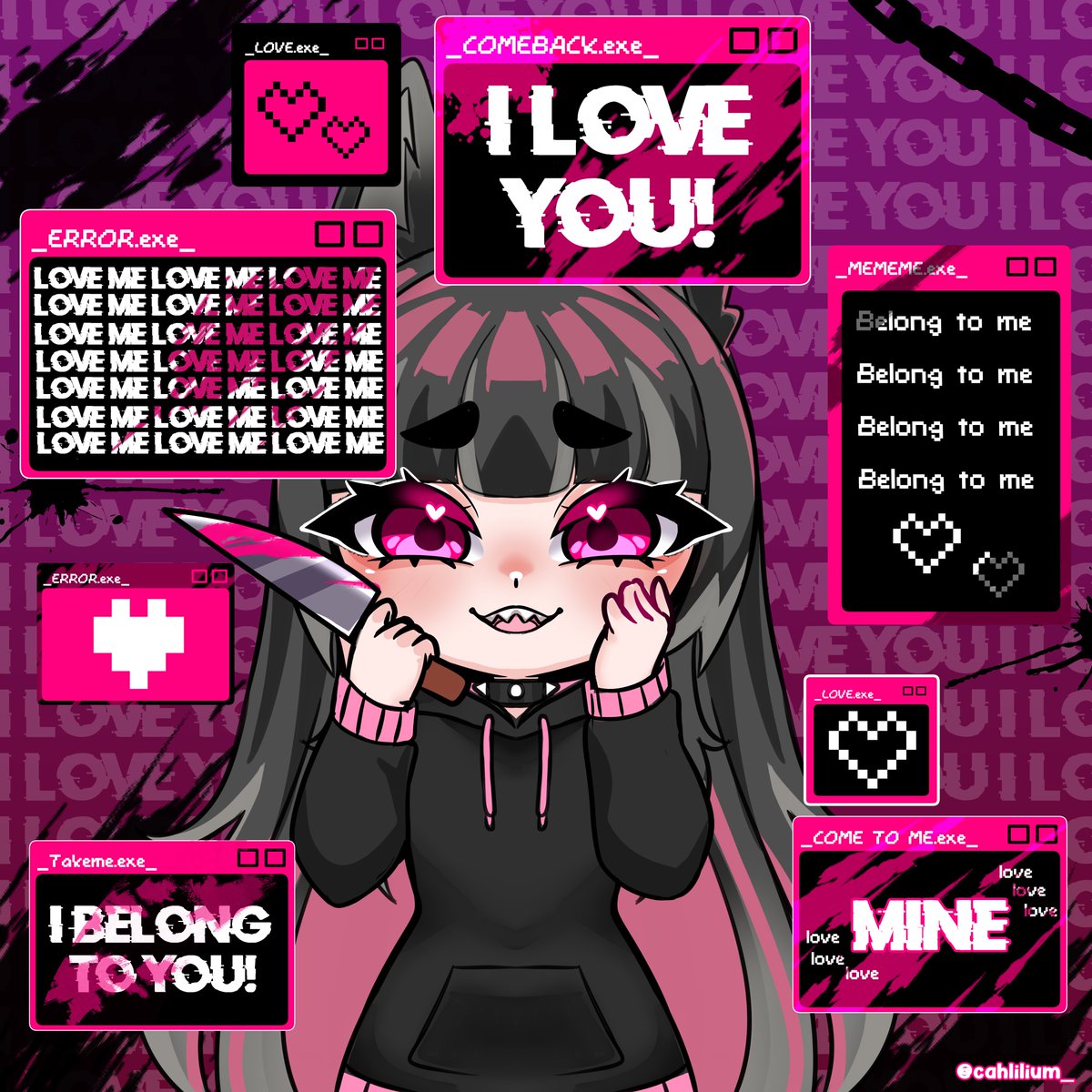 🔪 YANDERE ART RAFFLE  

  How to enter:  
🔪 Follow me
🔪 Like + Rt (no qrt)  
🔪 Drop your reference here and tag your darling  

🔪 Ends Octuber 31st

If you want one, go to my Vgen: (I have yandere emote pack  too) vgen.co/cahlilium_

Good Luck darling ❤️