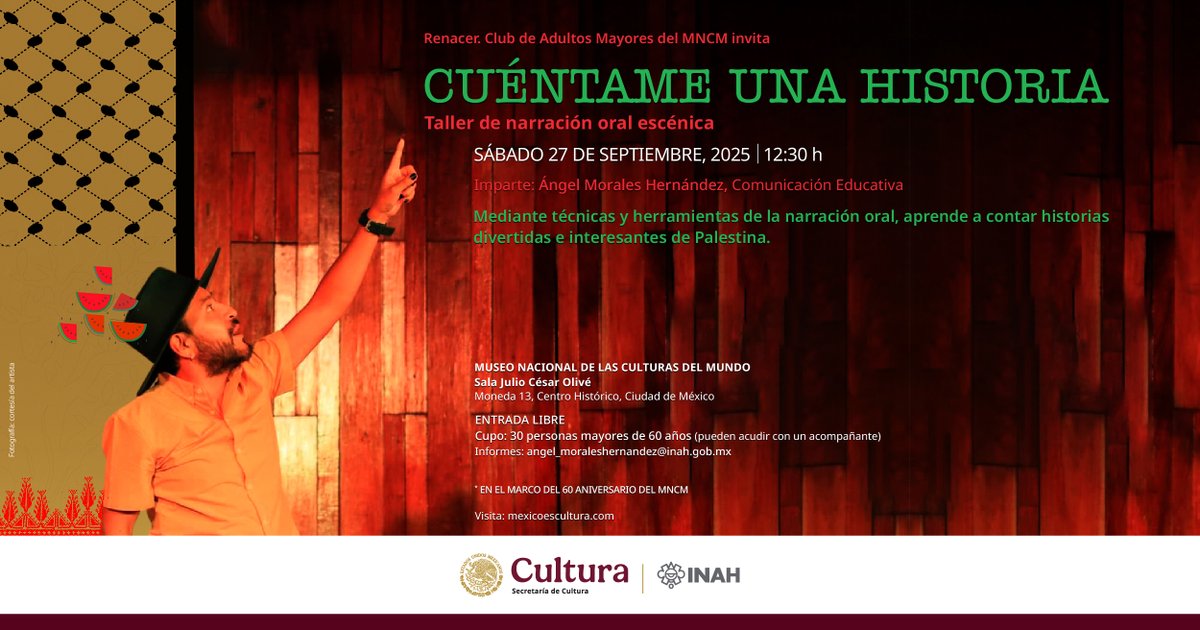 “Renacer” Club de adultos mayores invita al #taller "Cuéntame una historia", narración oral escénica. Imparte: Ángel Morales, Comunicación Educativa.

🗓️#Sábado 27 de septiembre
📌Sala Julio César Olivé del #MNCM
🏛️Moneda 13, Centro Histórico, #CDMX
⏰12:30 h
🪑30, más de 60 años