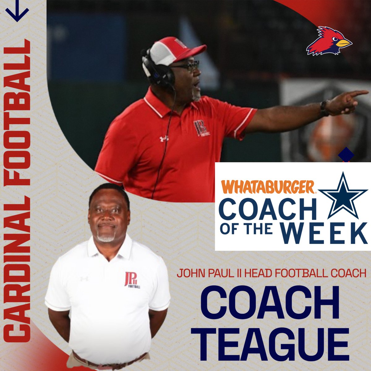 JPIIHSSports's tweet image. We’re proud to share that Coach Teague has been named the 2025 Dallas Cowboys Whataburger Coach of the Week!

 This recognition is well-deserved, and we’re honored to have your leadership, passion, and dedication guiding our team.
@JPIIHS @Cowboysinthecommunity @JPIIHS_Football