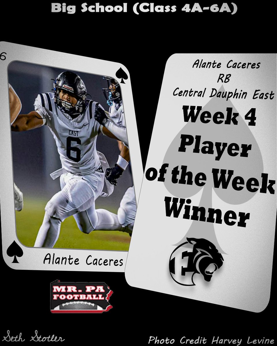 Alante Caceres, RB, Central Dauphin East, wins the fan vote for the Mr. PA Football Big School (Class 4A-6A) High School Football Week 4 Player of the Week
mrpafootball.com/weekly-award-w…