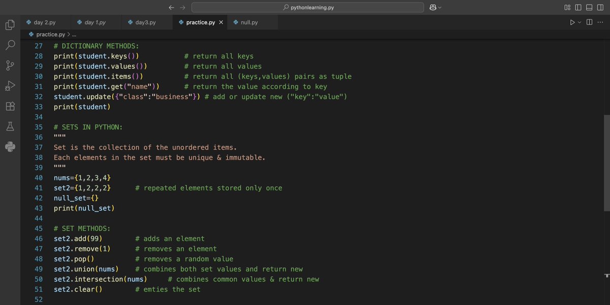 alien_xnip's tweet image. Day 04 of #100DaysOfLearning
#python
➡️Dictionary in python
➡️Nested dictionaries
➡️Dictionary methods
➡️Set in python
➡️Set methods
➡️➡️Programs--